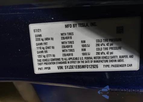 2021 Tesla Model 3 Long Range Dual Motor All-Wheel Drive z USA, uszkodzony, nr VIN 5YJ3E1EB5MF012926